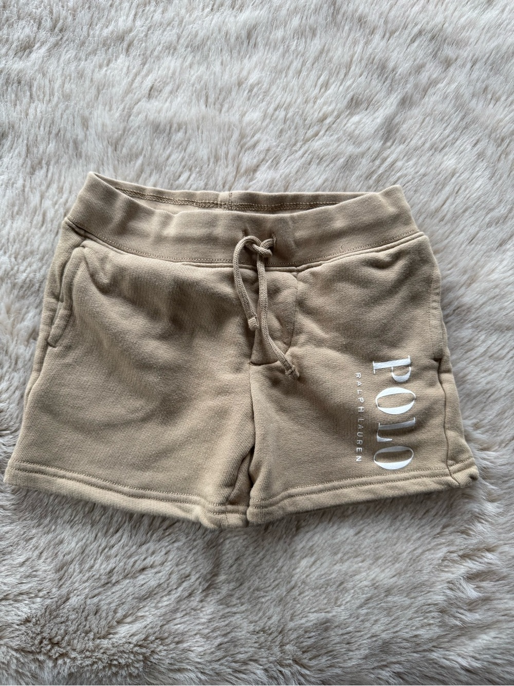 Ralph Lauren Tan Drawstring Fleece Shorts with White Logo